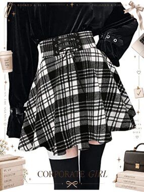 Wool Blend Plaid High Waisted Lace Up Mini Skater Skirt